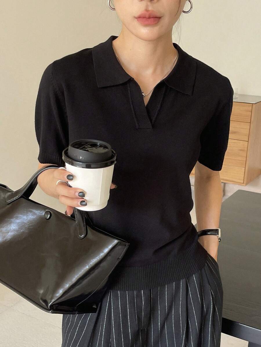 DAZY Women's Casual Solid Color Minimalist Short Sleeve Knitted Top For Summer & Autumn - Black - View 1