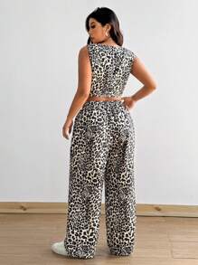 Flirla Plus Size Sleeveless Leopard Print Cardigan & Pants 2pcs Suit Set, For Casual, Work Or Party Occasions In Autumn/Winter - Multicolor - View 4