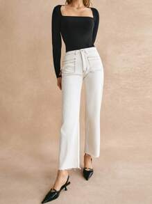 Poéselle 女士白色毛边直筒牛仔裤，夏季白色必备单品，休闲风格，轻松搭配 - 白色 - 查看 1