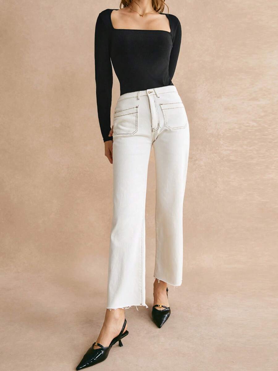 Poéselle 女士白色毛边直筒牛仔裤，夏季白色必备单品，休闲风格，轻松搭配 - 白色 - 查看 1