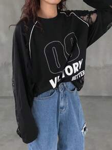 FRIFUL Women Oversized T-Shirt With Lace Patchwork, Letter & Print, Colorblock Long Sleeve Women Tops - Black - View 3