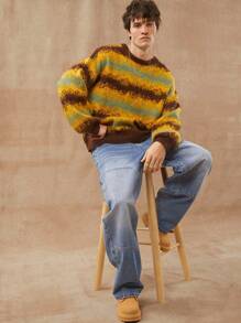 Men Brushed Stripe Crewneck Knit Sweater Top