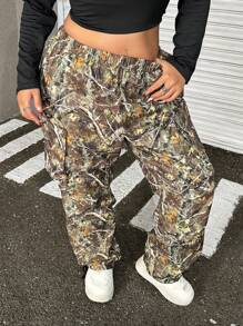 SHEIN EZwear 大码女式枝形印花宽松阔腿休闲工装裤 - 軍綠色 - 查看 4