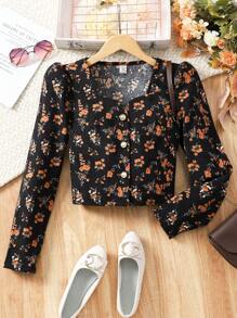 少女前扣长袖花卉印花休闲衬衫 - 彩色 - 查看 1