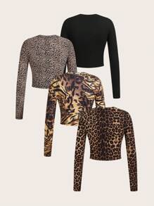 SHEIN Essnce 4pcs Fashionable Leopard Print Casual Round Neck Long Sleeve Slim Fit Women's Basic T-Shirt Women's Round Neck Long Sleeve Fitted All-Match T-Shirt Cropped Tight Fit T-Shirts, Spring & Autumn