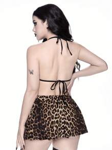 ROMWE J-Fashion Conjunto de pijama de mujer con estampado de leopardo que incluye babydoll inalámbrico con tirante halter y minifalda - Negro - Ver 6