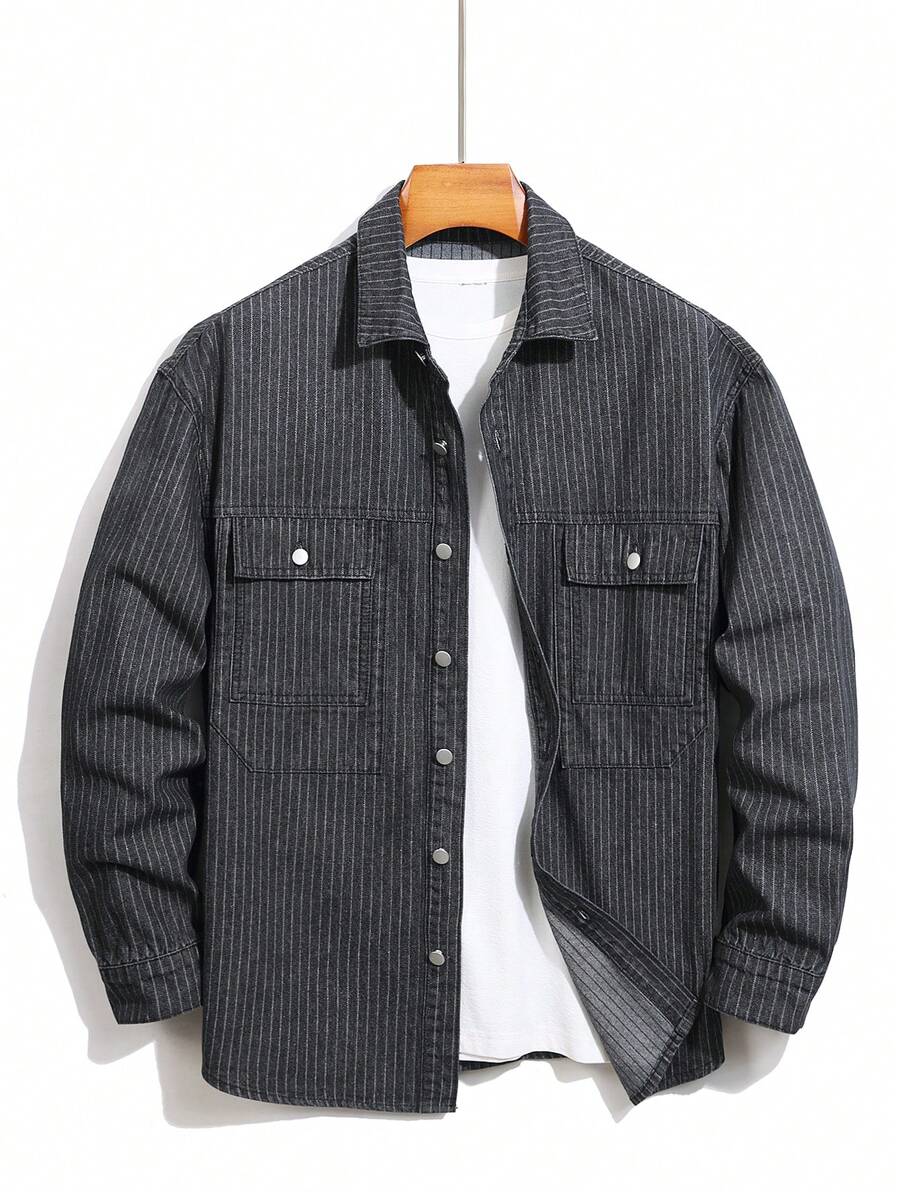 Manfinity Homme Men's Autumn Striped Long Sleeve Flap Pocket Single-Breasted Casual Denim Jacket - Black - View 1