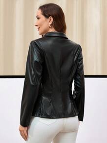 EMERY ROSE Women Plain Front Button Flat Collar Long Sleeve Casual Blazer Jacket - Black - View 3