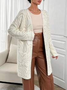 EURMUSE Women Geometric Pattern Hairy Yarn Open Front Pocket Detailed Cardigan - Beige - View 6
