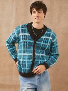Men Brushed Plaid Cardigan Sweater - Blue - View 5