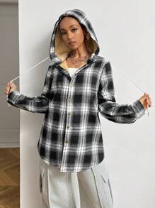 SHEIN EZwear Chaqueta regular de manga larga con capucha, forro térmico y botones frontales con estampado de cuadros vintage para mujer en otoño e invierno