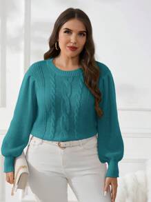 SHEIN Frenchy 大码优雅学院风基本款圆领长灯笼袖锦缎粗针织套头衫，黄色，适合冬季 - 水鴨藍 - 查看 3