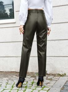 EURMUSE Buckle Belted PU Pants - Dark Green - View 2