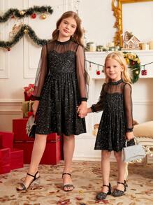 SHEIN Vestido de gala largo de manga larga con panel de malla de lámina plateada y negra, cintura imperio, elegante y lujoso para niñas y mujeres jóvenes. Versátil y apropiado para salidas diarias en otoño/invierno, se combina bien con diferentes chaquetas, abrigos y sobretodos.