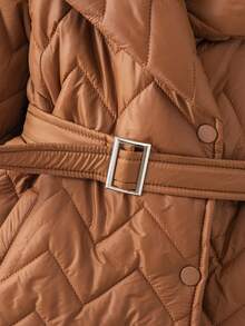 SHEIN Abrigo acolchado de plumón de invierno para niña con cinturón, abrigo exterior de moda casual con cuello de solapa elegante, para la escuela/cumpleaños - Café integral - Ver 5