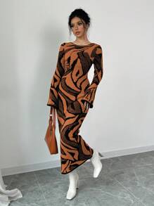 Elenzga 女式图案设计喇叭袖针织毛衣连衣裙 - 鏽棕色 - 查看 3