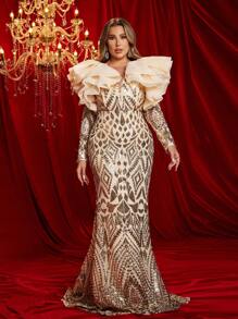SHEIN Belle Vestido de noche elegante de estilo gótico con lentejuelas doradas de champagne, con volantes multicapa exagerados, hombros descubiertos, escote profundo en V y cola de pez, para ocasiones formales, boda, graduación y cenas, de manga larga y talla grande - Champán - Ver 5