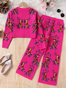 Bộ 2 món/Bộ áo len cardigan họa tiết hoa cổ điển thời trang cho bé gái tuổi teen và quần dài, bộ đồ dệt kim thường ngày mùa thu/đông - Màu Hồng Tươi - Xem 2