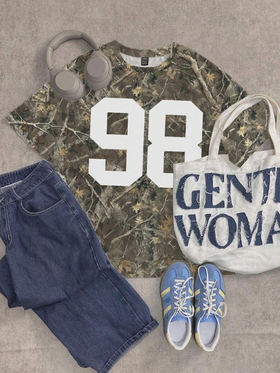 Attitoon 休闲街头风格叶子和数字 98 印花圆领宽松短袖 T 恤女士