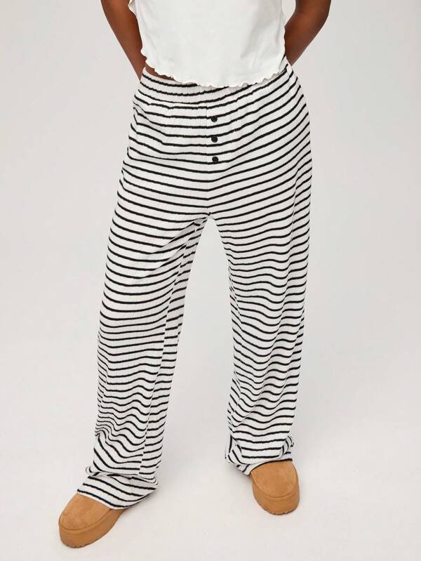 SHEIN BASICS Women Casual Knit Striped Mid-Waist Straight Loose Pants