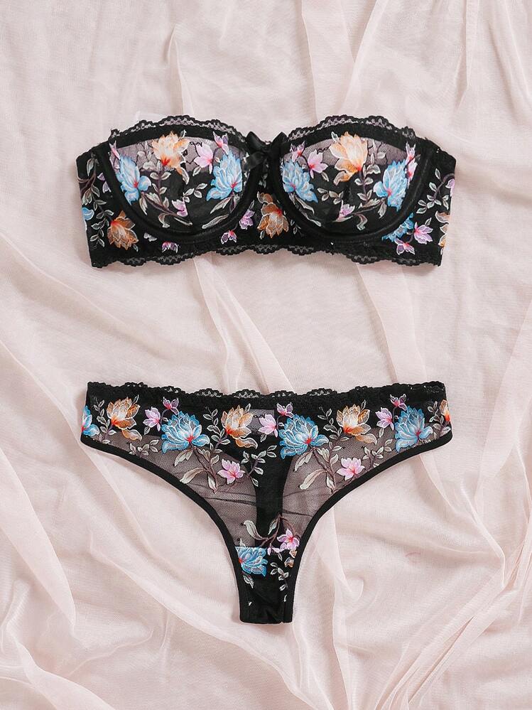 2 件套花卉蕾丝印花加厚罩杯文胸和内裤套装，女士内衣 - 黑色 - 查看 7