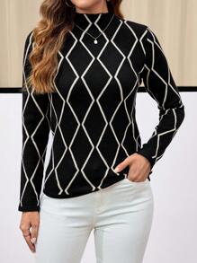 EMERY ROSE Jersey casual de mujer de cuello alto, de manga larga, de corte ajustado, con estampado jacquard a cuadros - Multicolor - Ver 1