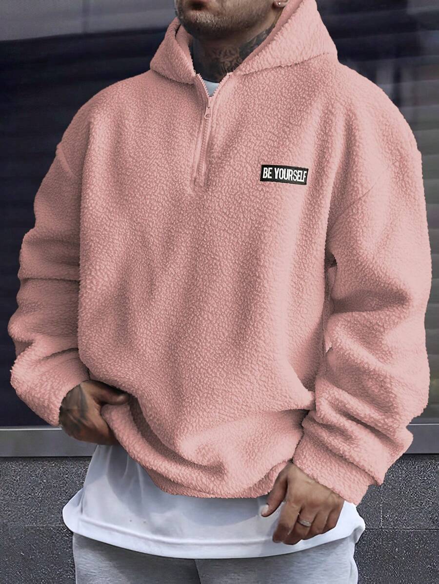 Manfinity Homme Loose Fit Men's Letter Patched Half-Zip Teddy Sweatshirt, Pink Hoodie Men, Pink Zip Up Hoodie Men, Men Pink Quarter Zip Hoodie - Pink - View 1