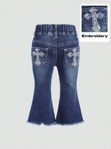 SHEIN Baby Girl Vintage Blue Denim Flare Leg Pants With Cross Embroidery Detail