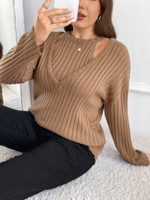 SHEIN Frenchy مجموعة كنزة صوفية وتوب كروشيه عادي مقاس كبير للربيع والخريف - بني مخاوي - مشاهدة 4