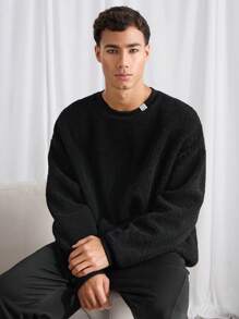 Manfinity VCAY Men's Loose Fitting Crew Neck Dropped Shoulder Casual Sweatshirt, For Fall Winter - Black - View 4