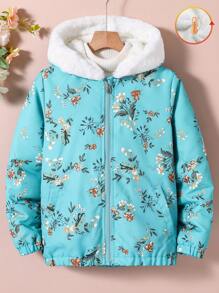 Tween Girl Fluffy Collar Hooded Printed Thermal Lined Jacket - Mint Green - View 3