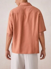 Mainfolk 男士宽松落肩休闲梭织衬衫，适合夏季 - 卡其色 - 查看 5