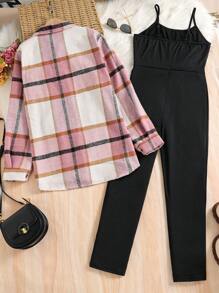 2pcs/Set Tween Girl Plaid Shacket And Jumpsuit Set, Autumn/Winter - Hot Pink - View 2