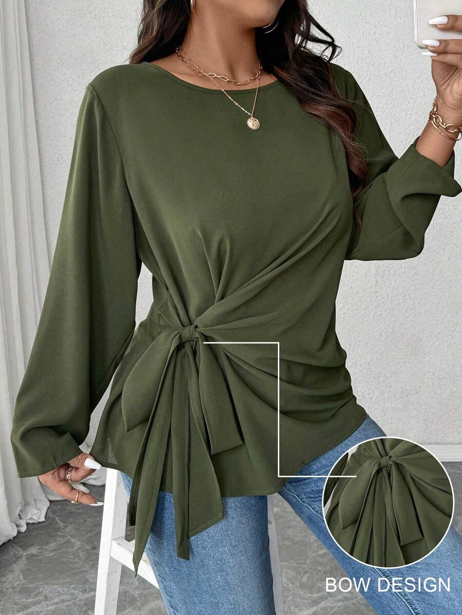 Calvaya 大码圆领长袖休闲衬衫，带下摆和蝴蝶结装饰，适合外出和通勤 - 軍綠色 - 查看 1