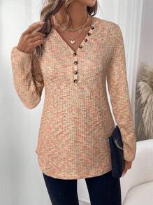 EMERY ROSE 1 Stück Damen Batik-Knopf-Design V-Ausschnitt Langarm Lässig T-Shirt