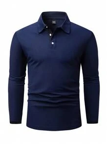 Manfinity Homme Plus Size Men's Solid Color Simple Casual Business Long Sleeve Polo Shirt - Blue - View 4