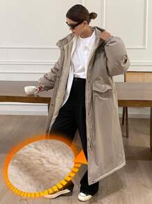 Livesso 女士休闲纯色抽绳连帽保暖加厚羽绒服，冬季，女士冬季服装，女士冬季外套，秋季服装，抓绒内衬 - 卡其色 - 查看 2