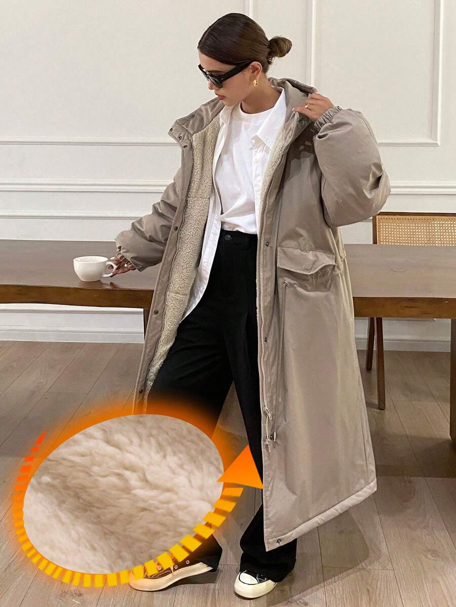 DAZY 女士休闲纯色抽绳连帽保暖加厚外套，冬季，女士冬季服装，女士冬季外套，秋季服装，保暖加厚 - 卡其色 - 查看 1