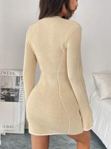 Flirla Women Solid Color Round Neck Casual Long Sleeve Knitted Sweater Dress