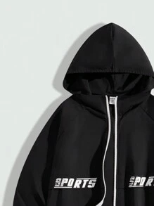 SHEIN 青少年男孩宽松休闲字母图案连帽前拉链长袖夹克