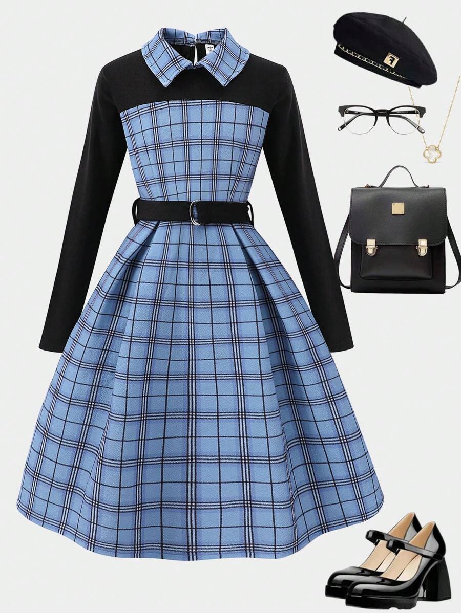 Váy dài tay kẻ caro cổ điển cho bé gái tuổi teen, thích hợp cho các buổi đi chơi hàng ngày, tụ tập và mặc đi chơi, mùa thu/đông - Màu xanh lam - Xem 1