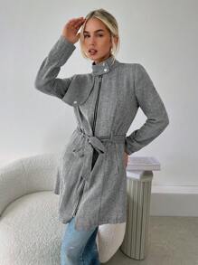 SHEIN Privé Women Casual Herringbone Stand Collar Overcoat, Autumn - Army Green - View 3