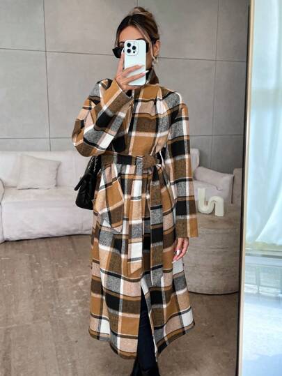 SHEIN Privé Abrigo largo casual a cuadros para mujer, otoño/invierno