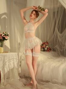 圣诞节女士性感内衣套装，雪人设计，性感优雅蕾丝拼布迷你裙 - 白色 - 查看 1