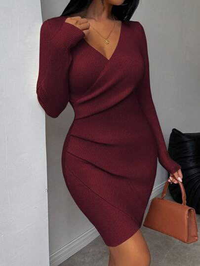 RosyDaze 女士纯色 V 领长袖修身优雅针织毛衣连衣裙，秋冬