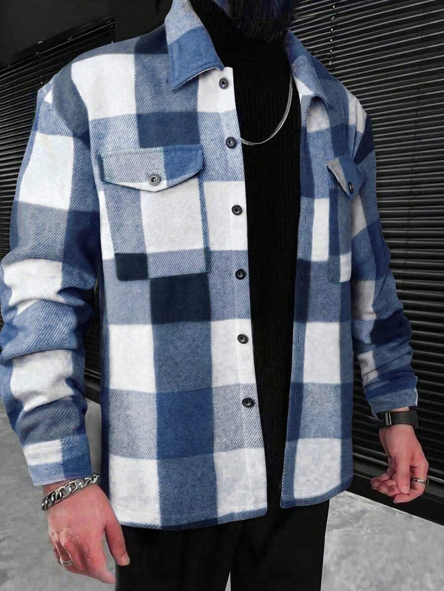 Manfinity Homme Men Button Front Long Sleeve Pocket Plaid Casual Jacket - Multicolor - View 1