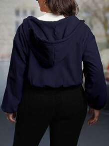 Calvaya 大码纯色前拉链长袖简约连帽休闲夹克 - 藏蓝色 - 查看 2