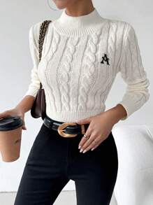 SHEIN Unity Suéter de punto de manga larga con cuello alto, ajustado, con bordado de letras para mujer, para otoño/invierno - Beis - Ver 1