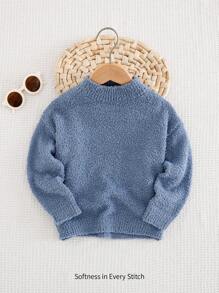 Cozy Pixies Suéter de cuello tripulación de manga larga de unicolor de punto suave para niño pequeño - Azul - Ver 6