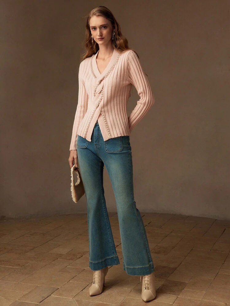 FAUX PEARL DETAIL SPLIT HEM CABLE RIBBED KNIT SWEATER